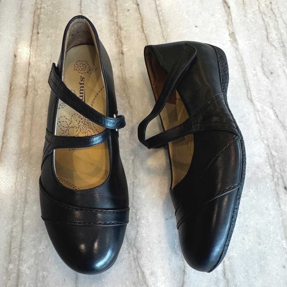 Kumfs Women 11.5 EU 42 Wide Black Leather Mary Jane Flats Shoes Crisscross Strap